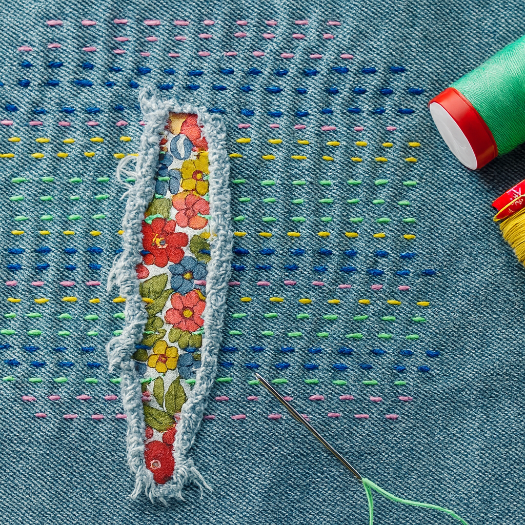 Visible Mending Jeans mit floralem Patch und bunten Sashiko-Stichen – kreative Reparatur mit Handarbeit.