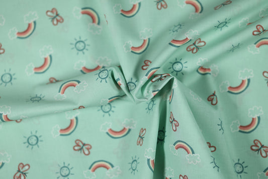 Elastischer Baumwollstoff Regenbogenfreude – Mint mit weichem Griff