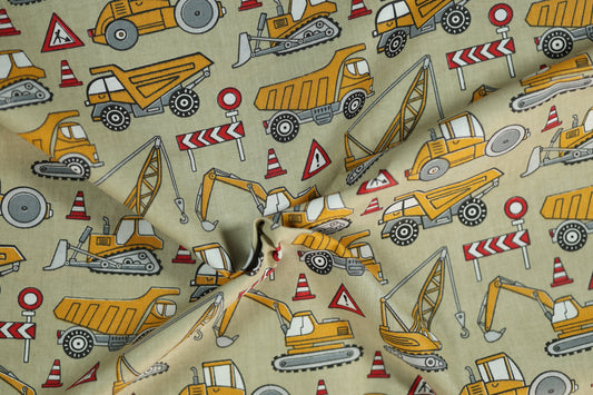 Elastischer Baumwollstoff Baustellen Spaß – Gelb mit weichem Griff