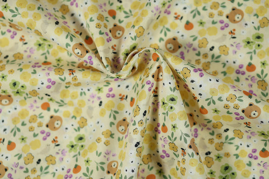 Elastischer Baumwollstoff Waldblumen & Bären – Gelb mit weichem Griff