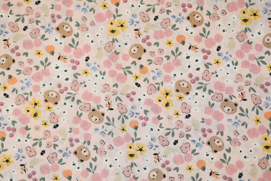 Elastischer Baumwollstoff Waldblumen & Bären – Rosa mit weichem Griff