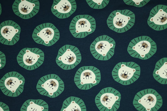 Tiermotivstoff für Kinder – Löwenmuster auf weichem Baumwollgewebe.