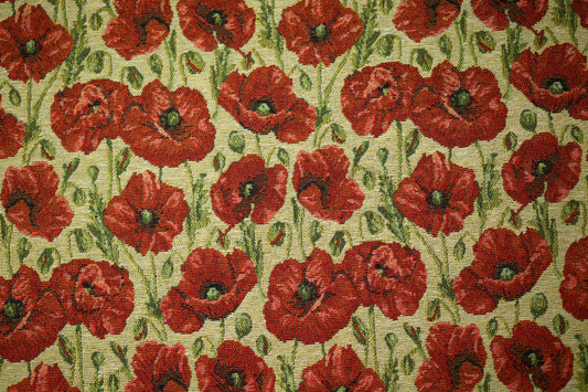 Robuster Möbelstoff mit Muster: Mohnblumen auf Beige