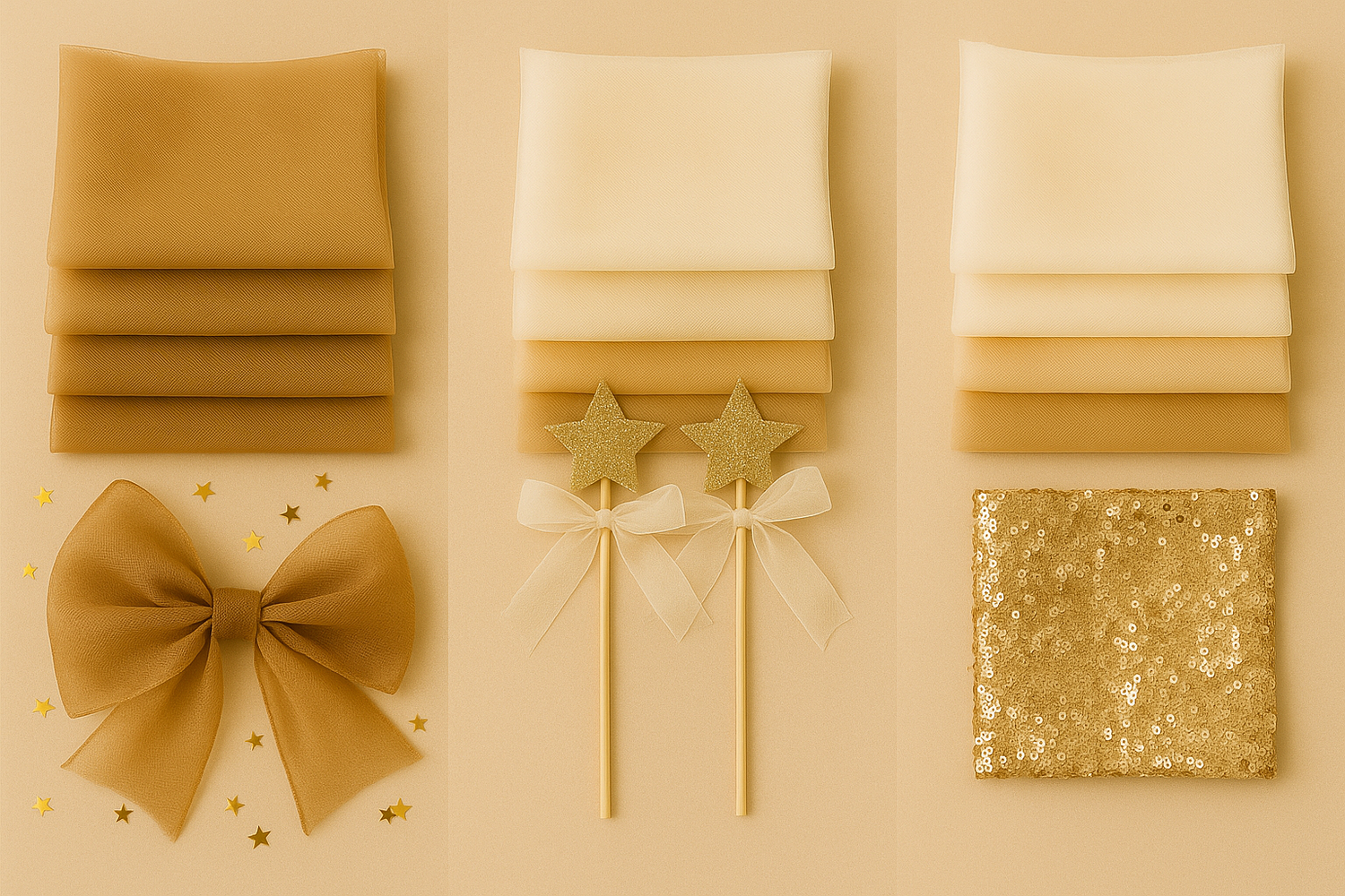 Drei Gruppen aus Tüllstoffen in Beige- und Goldtönen, kombiniert mit Schleife, Stern-Zauberstäben und Paillettenstoff, ideal für festliche DIY-Projekte.