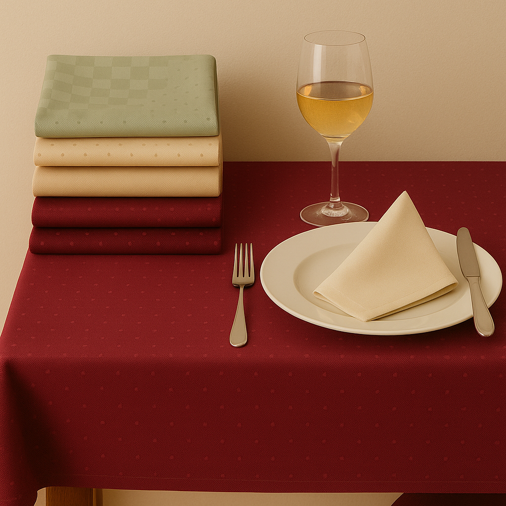 Tisch mit bordeauxfarbener Tischdecke mit dezentem Punktmuster, darauf ein gedeckter Teller mit beiger Stoffserviette, Weinglas und Besteck. Daneben ein Stapel aus Tischdecken in Beige, Sand, Weinrot und Kariert in Elfenbein
