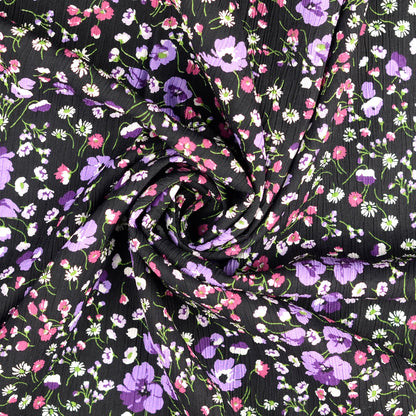 Viskose Krepp Blumen Lila – Leichter Stoff für Blusen & Kleider