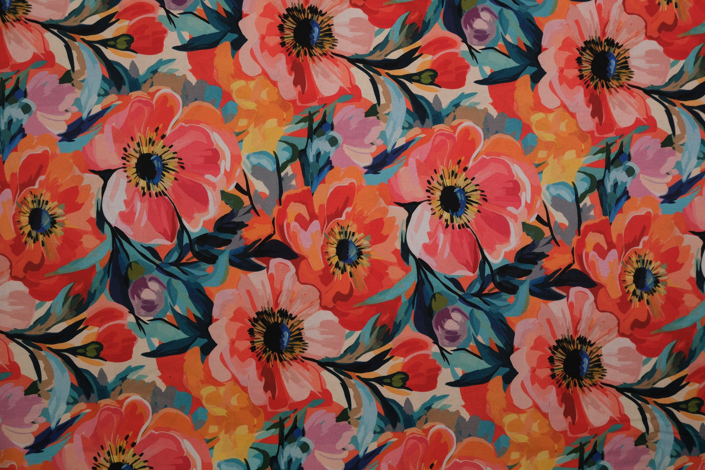 Baumwollstoff in kräftigem Pink-Orange-Blumenmuster – hochwertiger Druck