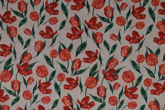 Baumwollstoff Rote Tulpen – floraler Tulpenstoff aus 100 % Baumwolle