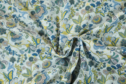 Baumwollstretch – Blumenornamente in Blau, Grün & Gelb – elastischer Baumwollstoff für kreative Projekte