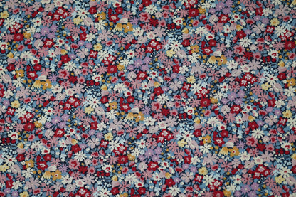 Baumwollstretch – Verspielte Blümchen auf Navy und Rosa – elastischer Baumwollstoff für kreative Projekte